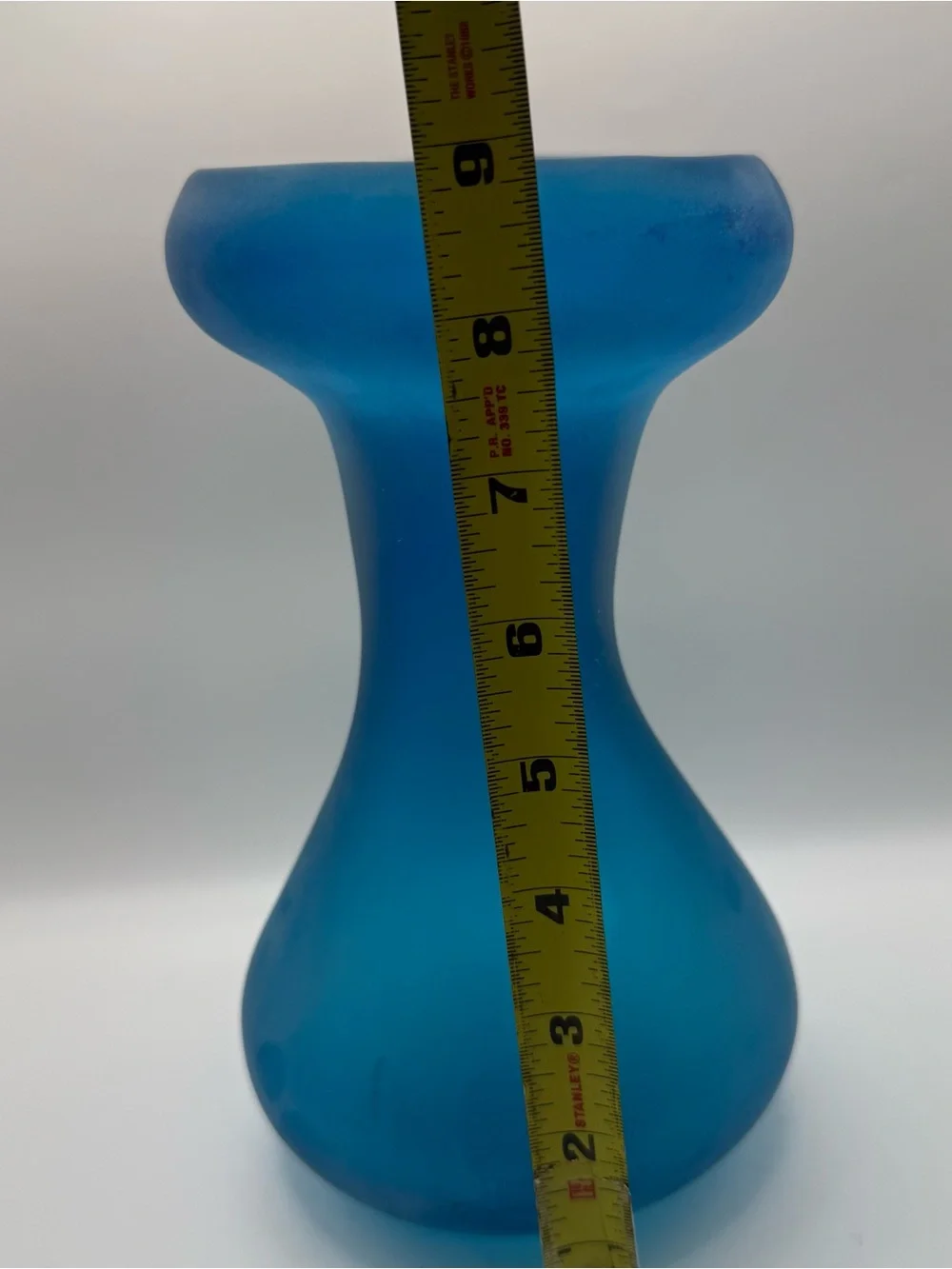 Vintage Frosted Turquoise Blue Art Glass Vase Hand Blown Abstract Form MCM 9